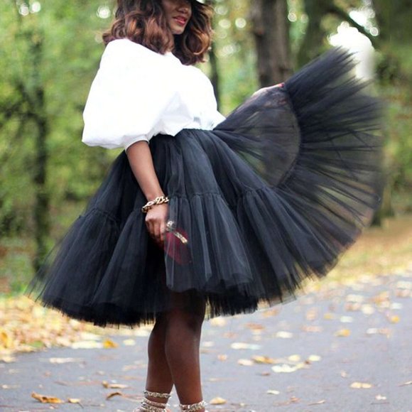 . Dresses & Skirts - Black Preppy Womens Solid Mesh Overlay Ruffle Hem Skirt